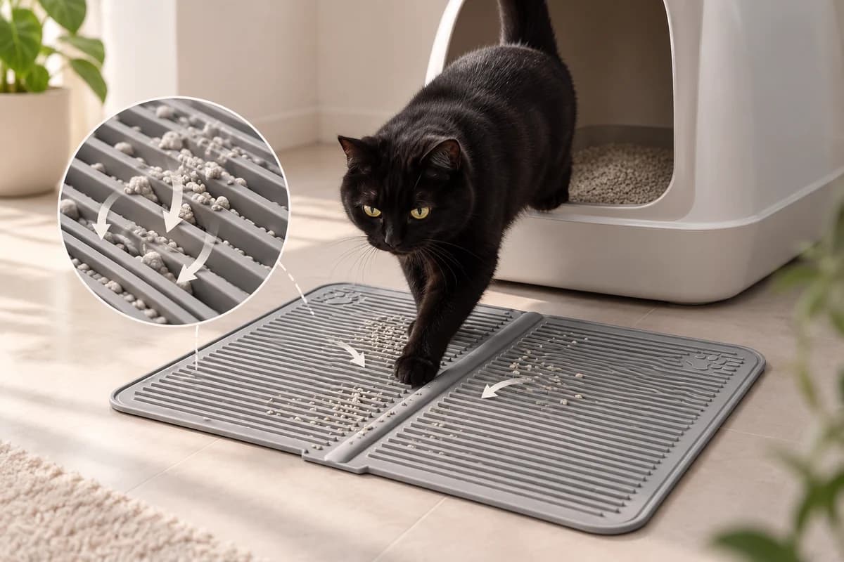 Siyah kedi kum kabından çıkıp silikon kum matına basıyor