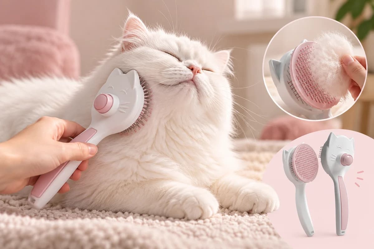 Beyaz kedi pembe tuşlu tarakla taranırken keyif yapıyor