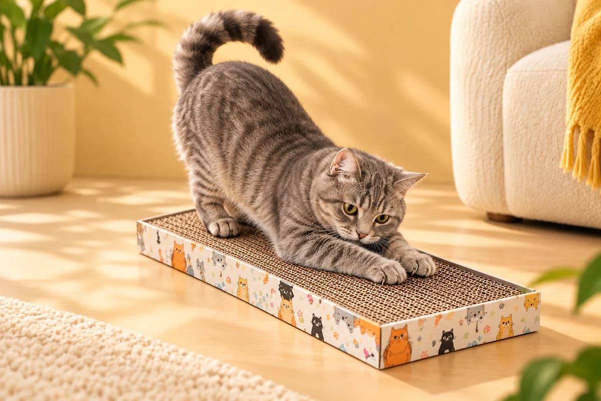 Tekir kedi karton tırmalama tahtasında gerinirken