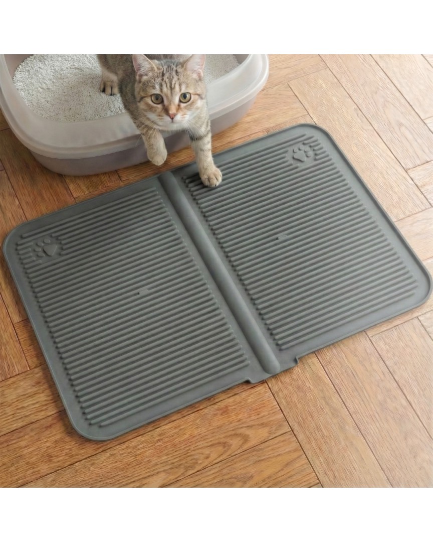 Silikon Kum Ve Mama Matı Havuzlu Yıkanabilir Kedi Tuvaleti Önü Kedi Kumu Paspası Büyük Boy 40x60 ( Antrasit )