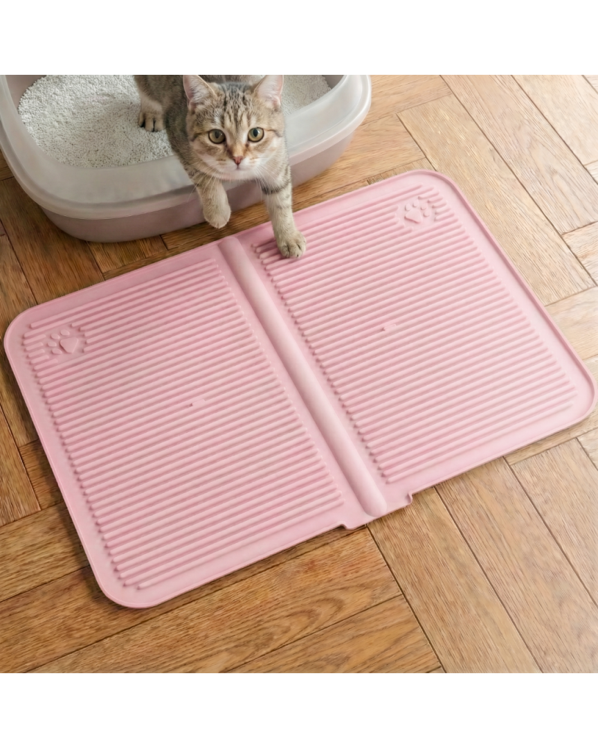 Silikon Kum Ve Mama Matı Havuzlu Yıkanabilir Kedi Tuvaleti Önü Kedi Kumu Paspası Büyük Boy 40x60 ( Pembe )