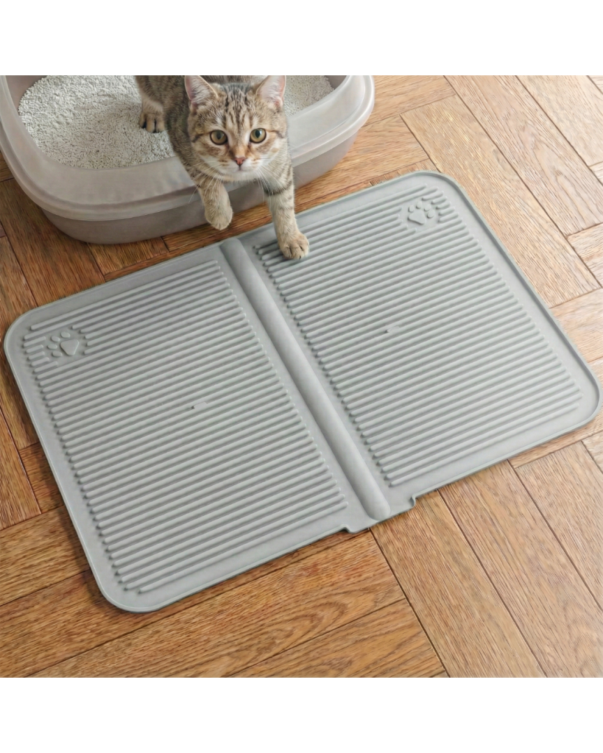 Silikon Kum Ve Mama Matı Havuzlu Yıkanabilir Kedi Tuvaleti Önü Kedi Kumu Paspası Büyük Boy 40x60  ( Gri )