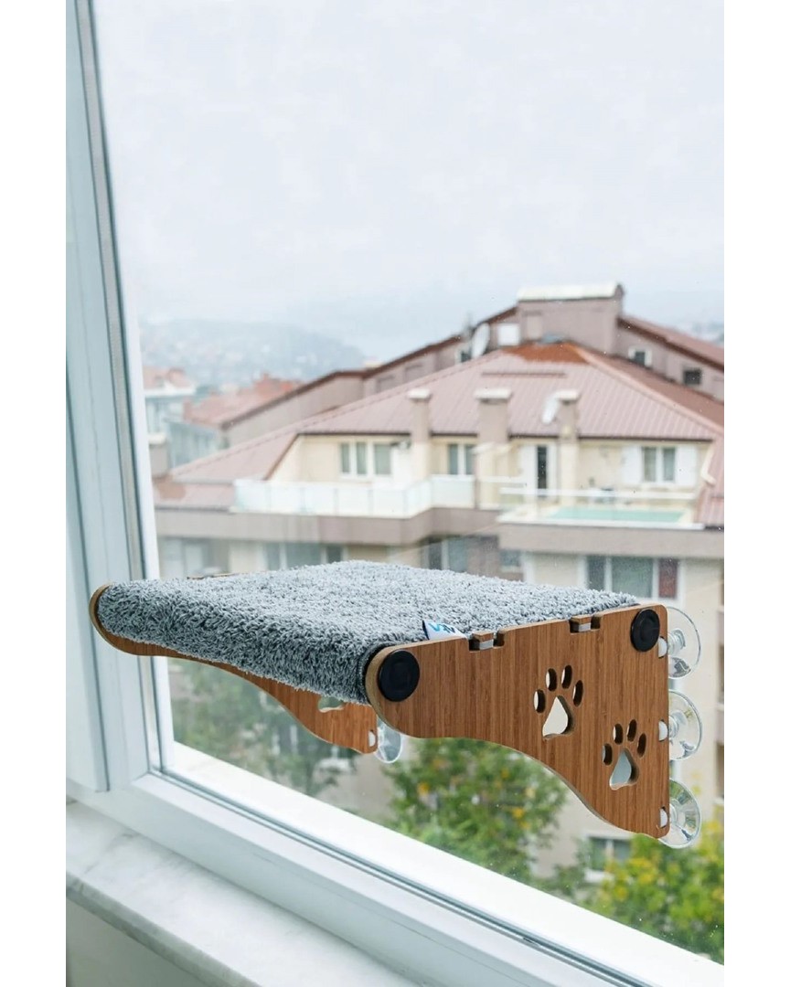 Ahşap Cama Yapışan Vantuzlu Kedi Yatağı (Gri, Büyük Boy) – Sağlam Ahşap Gövde, Dayanıklı Vantuzlu Tasarım, Pencere Önü Kedi Yatağı, Cam Yüzeye Uygun Model, Konforlu Dinlenme Alanı, Kolay Montaj ATAPET
