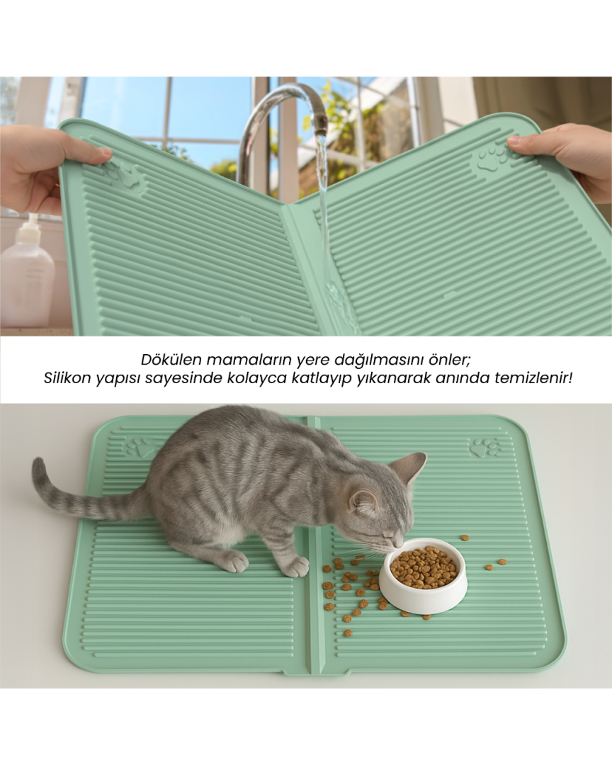 Silikon Kedi Kumu Paspası Yeşil  Yıkanabilir Kedi Tuvaleti Matı 40x60  Kedi Mama Matı