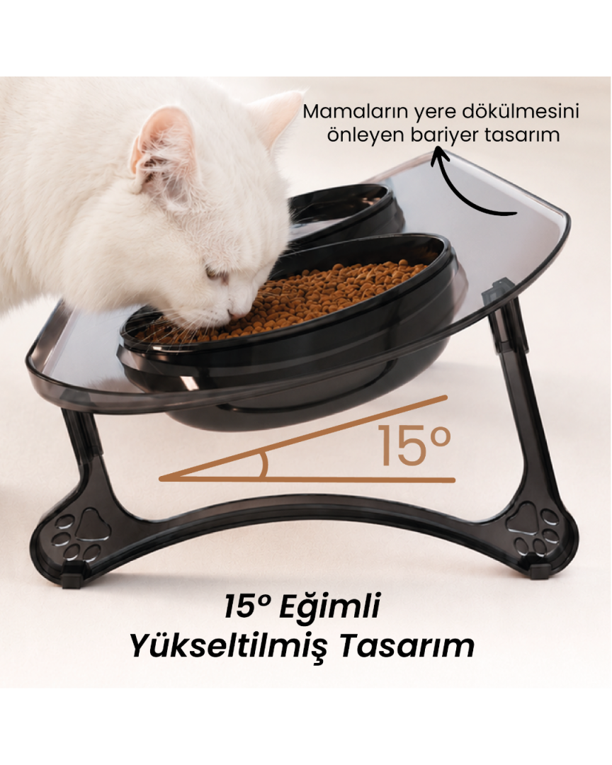 Kedi Mama Kabı, Kedi Köpek Mama ve Su Kabı, Çift Kaseli 15° Eğimli Yükseltilmiş Mama Kabı