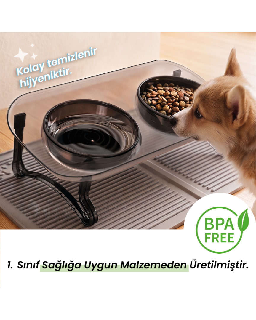 Kedi Mama Kabı, Kedi Köpek Mama ve Su Kabı, Çift Kaseli 15° Eğimli Yükseltilmiş Mama Kabı