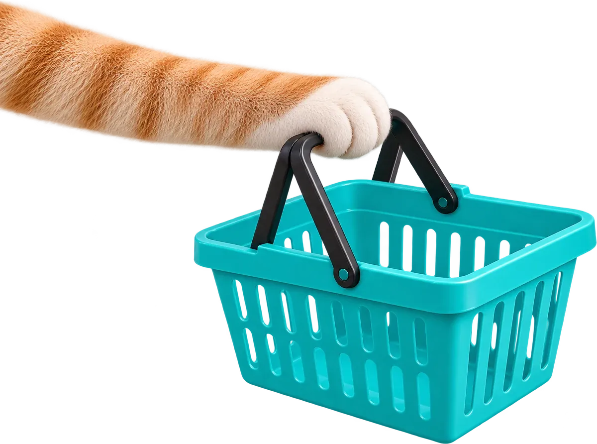 Turuncu tekir kedi patisi, turkuaz alışveriş sepetini taşıyor